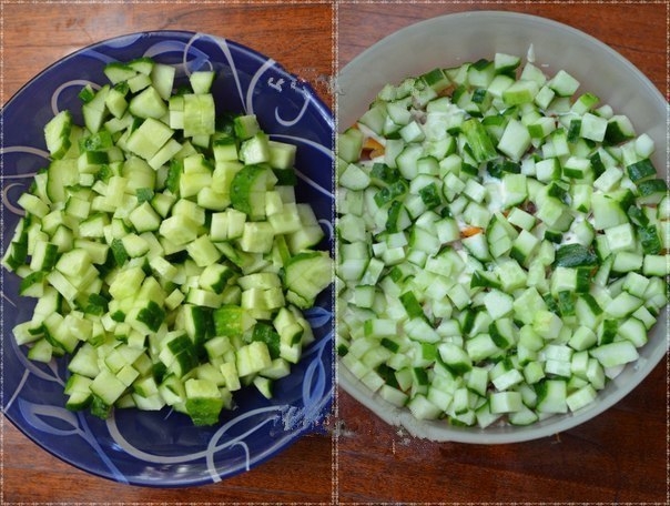 Салат с копченой курицей, корейской морковью и огурцом.