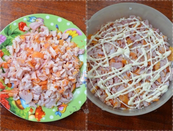 Салат с копченой курицей, корейской морковью и огурцом.