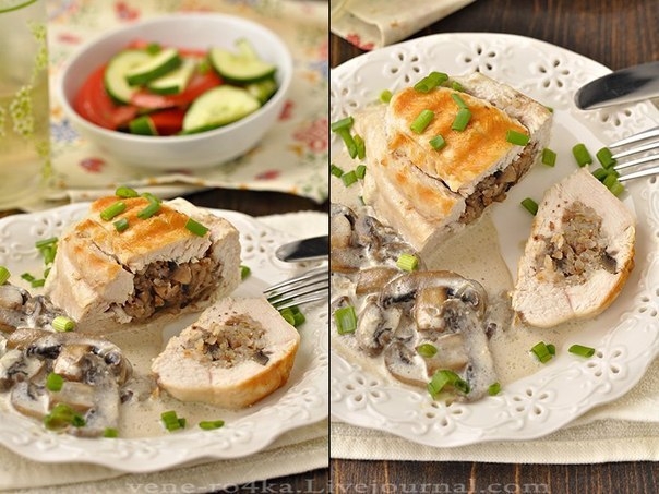 Куриные грудки фаршированные гречкой и шампиньонами, тушенные в сливочно-грибном соусе. Куриные грудки фаршированные гречкой и шампиньонами, тушенные в сливочно-грибном соусе.