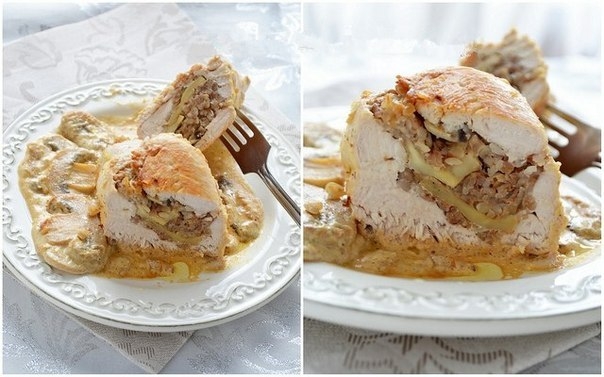 Куриные грудки фаршированные гречкой и шампиньонами, тушенные в сливочно-грибном соусе. Куриные грудки фаршированные гречкой и шампиньонами, тушенные в сливочно-грибном соусе.