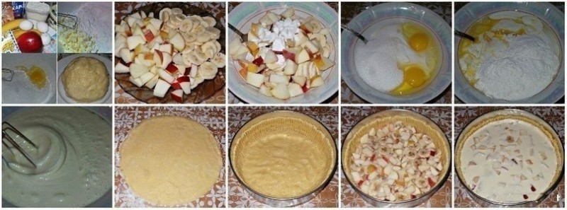 Яблочно-банановый пирог из песочного теста со сметанной заливкой