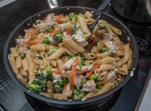 Паста с курицей, овощами и сливочным соусом Паста с курицей, овощами и сливочным соусом