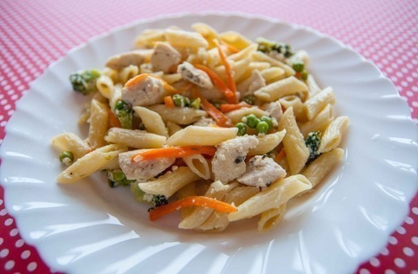 Паста с курицей, овощами и сливочным соусом Паста с курицей, овощами и сливочным соусом