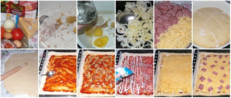 Домашняя пицца с сырокопчёной колбасой, сыром и грибами Домашняя пицца с сырокопчёной колбасой, сыром и грибами