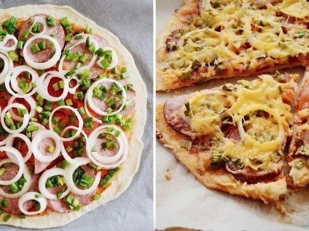 Пицца с колбасой и луком на тонком тесте