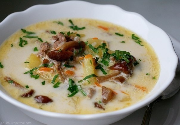 Сырный суп с опятами и куриным фаршем
