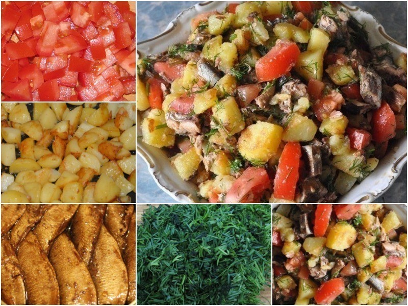 Салат со шпротами, картофелем и помидорами